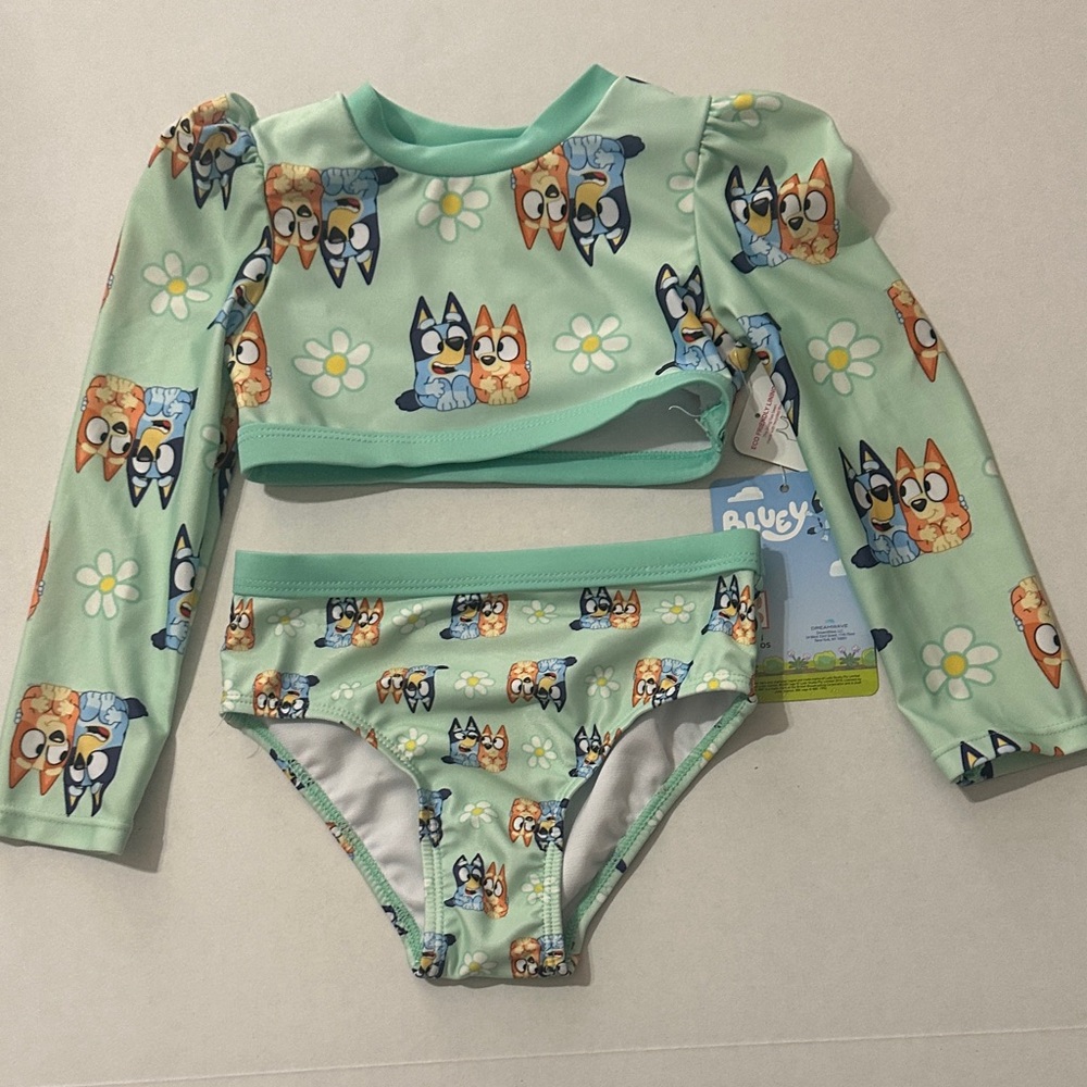 Girls' Mint Green Long-Sleeve Rashguard Swim Set - Bluey Print